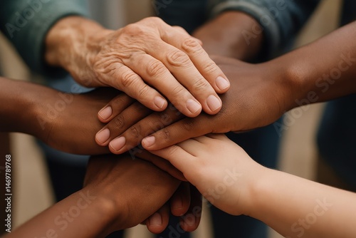 diverse group of hands of different ages and ethnicities stacked together