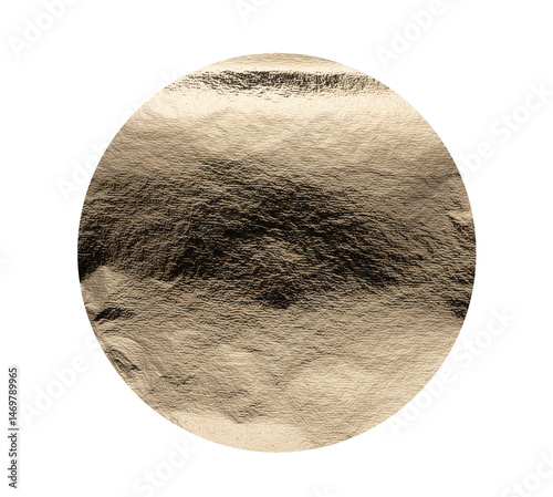 Golden foil texture with a shiny, metallic finish, featuring a circular, sleek shape. Wrinkled,