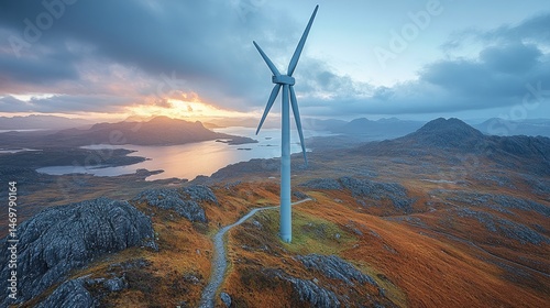 Majestic wind turbine atop a rugged mountain overlooking a scenic loch.