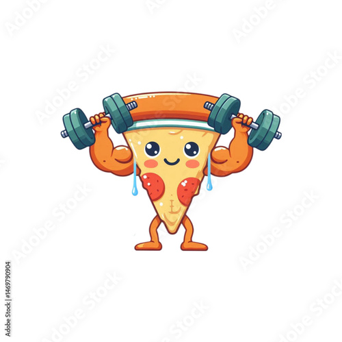 vector of a slice of pizza working out at the gym, lifting weights with a determined face. Great for health and fitness humor, food lovers, or parody designs mixing indulgence with fitness goals.