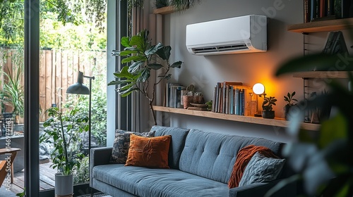 Ductless mini-split heat pump mounted on a wall in a cozy, well-lit reading nook of a modern eco-conscious home