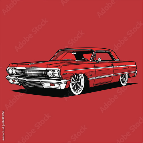 Classic Red Lowrider Car Illustration On Solid Color Background Vector Art