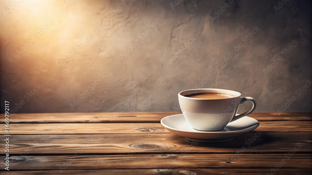 Aromatic Coffee in a White Cup on Rustic Wooden Table Against a Textured Background Aromatic Coffee in a White Cup on Rustic Wooden Table Against a Textured Background