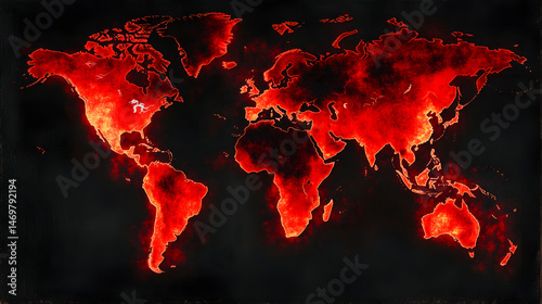 Fototapeta Naklejka Na Ścianę i Meble -  Global Inferno: A stylized depiction of the world map, engulfed in a fiery, crimson glow, symbolizing crisis and global challenges. A visual representation of the world's current state.