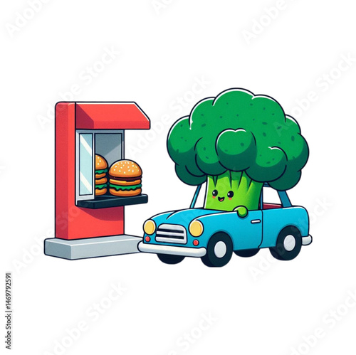 vector illustration of a broccoli vegetable secretly indulging in junk food at a fast food drive-thru perfect for food content and health-themed jokes.