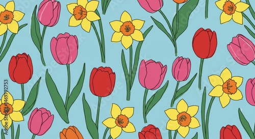 A springtime floral pattern of tulips and daffodils.