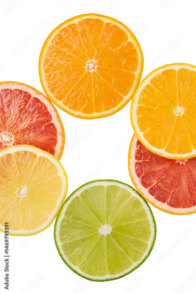 Obraz premium Zesty Citrus Array: A vibrant collection of sliced citrus fruits, showcasing the bright colors and refreshing textures of orange, grapefruit, lemon, and lime, perfectly captured in a studio shot.