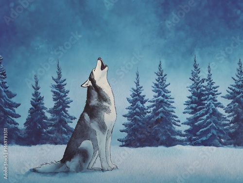 Howling wolf in winter forest illustration