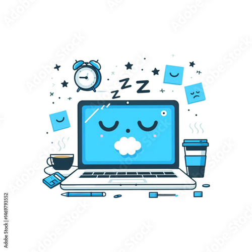 vector of a sleepy laptop character taking a nap on the desk, complete with closed eyes, a sleep bubble, and office clutter. Perfect for tech fatigue, digital burnout