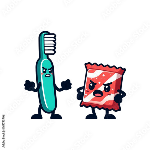 flat illustration of a toothbrush yelling at a candy bar, representing the eternal battle between dental care and sugar. Great for dental hygiene campaigns, kids’ education, or humorous health visuals