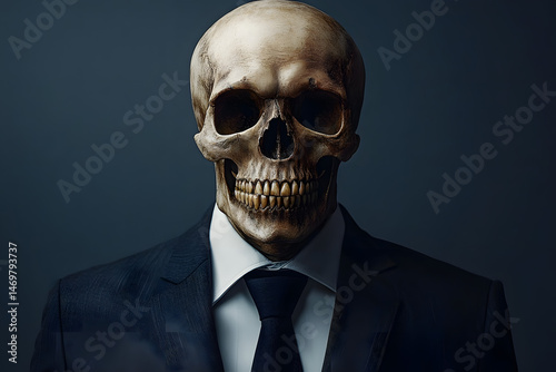 skull of a man in a business suit, businessman job, working skull head businessman, zombie businessman,  photo