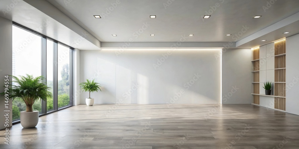 Spacious Modern Room with Large Windows and Built-in Shelving, Ideal for Relaxation or Creative Work Spacious Modern Room with Large Windows and Built-in Shelving, Ideal for Relaxation or Creative Work
