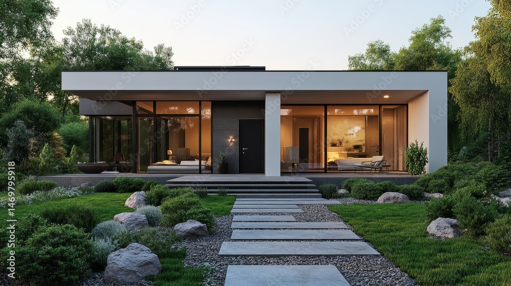 Luxurious modern villa with sleek lines and heat pump on sunny terrace, decorative stone path leads to grand doorway with elegant detailing Luxurious modern villa with sleek lines and heat pump on sunny terrace, decorative stone path leads to grand doorway with elegant detailing