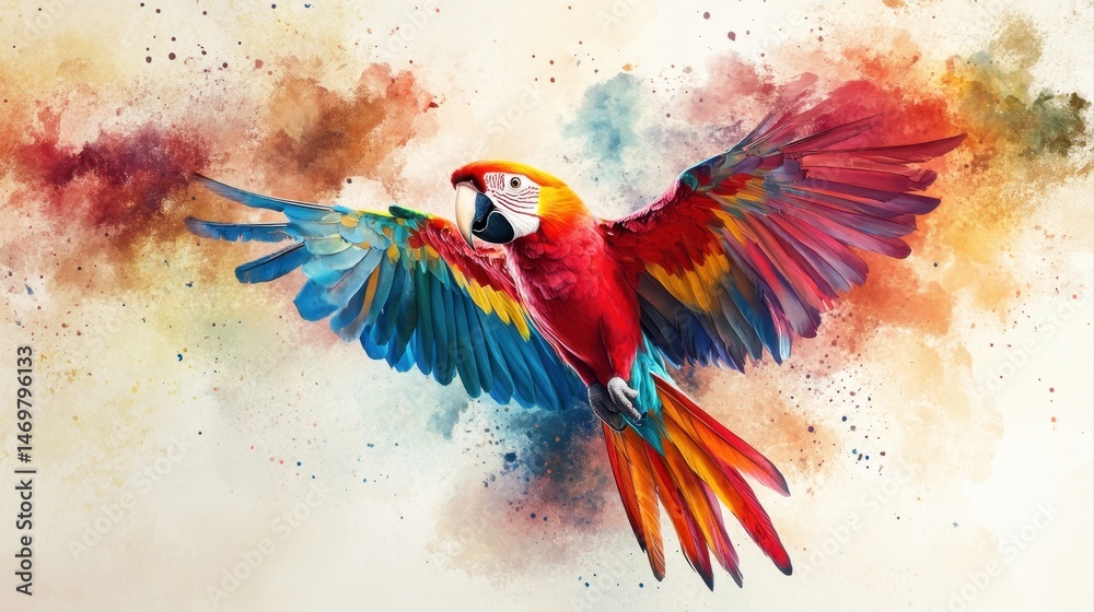 Obraz premium Vibrant Scarlet Macaw in Colorful Flight with Abstract Background of Paint Splashes and Artistic Patterns