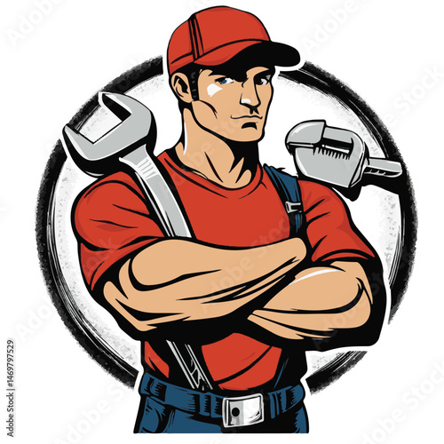 Confident Cartoon Plumber Mascot With Adjustable Wrenches Illustration Template Vector