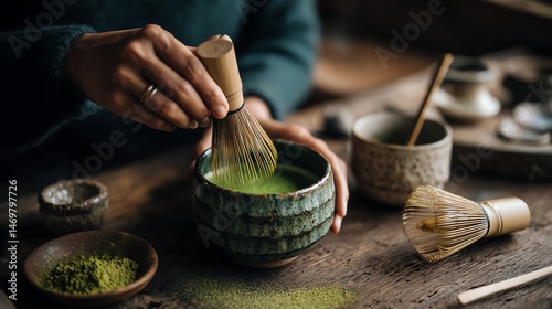Preparing matcha with traditional tools.