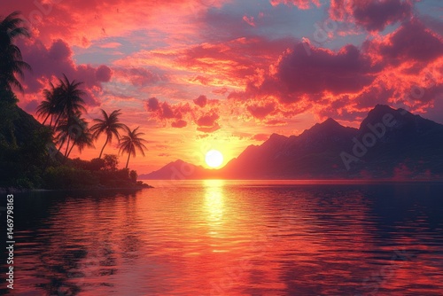 Tropical sunset over a calm ocean. Lush vegetation on an island silhouettes against a fiery sky