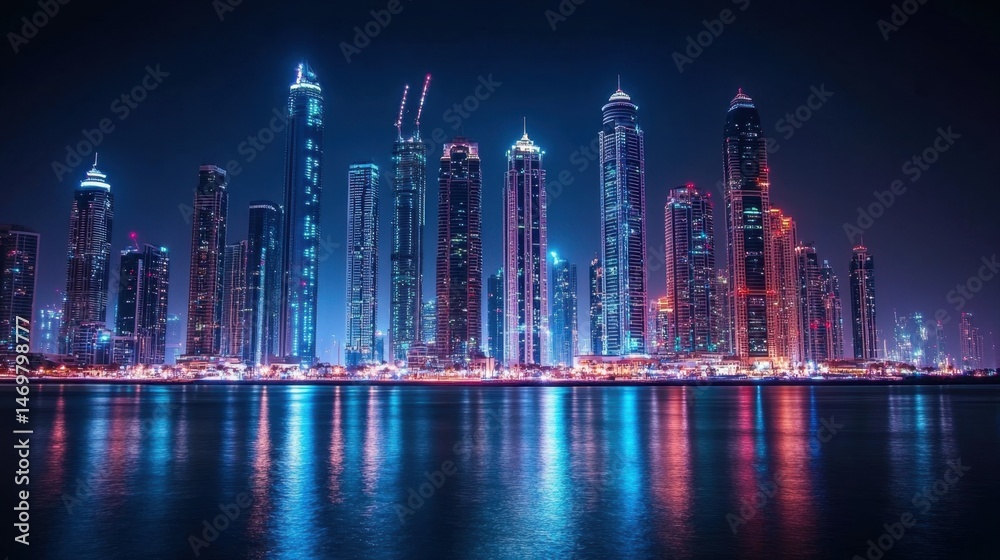 Fototapeta premium Stunning Night Skyline of Modern City with Bright Neon Lights Reflected on Water Surface