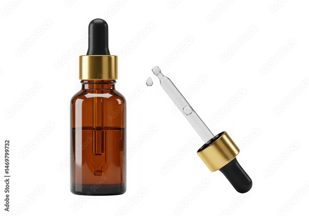 Obraz premium Amber bottle with dropper and essential oil isolated on white background