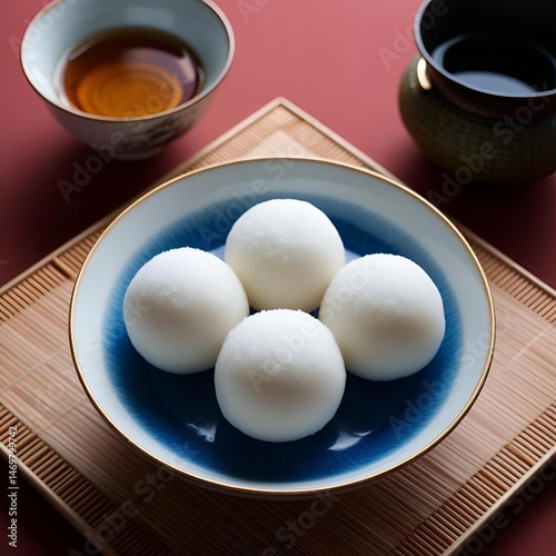 Snowy mochi balls in traditional Japanese tea ceremony setting, cultural dessert expression