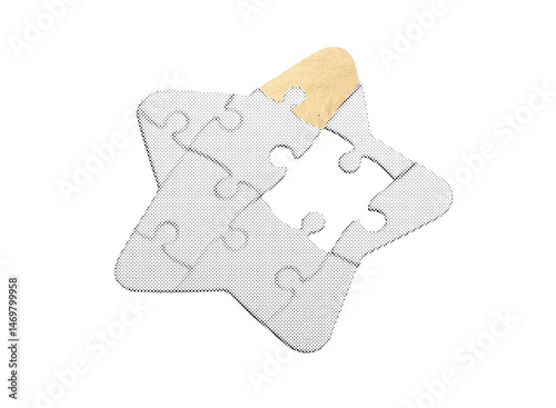 Golden star puzzle piece symbolizing achievement, success, and recognition. Represents completion