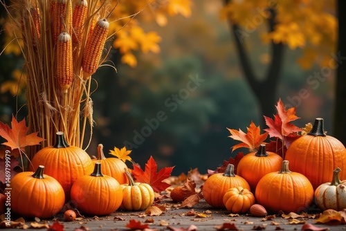 A bountiful autumn harvest display with pumpkins, gourds, corn stalks, and fall foliage , vibrant, texture photo