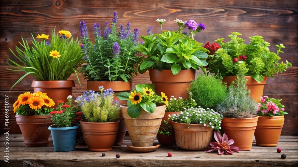 A colorful arrangement of terracotta pots filled with various herbs, floral arrangement, botanical A colorful arrangement of terracotta pots filled with various herbs, floral arrangement, botanical