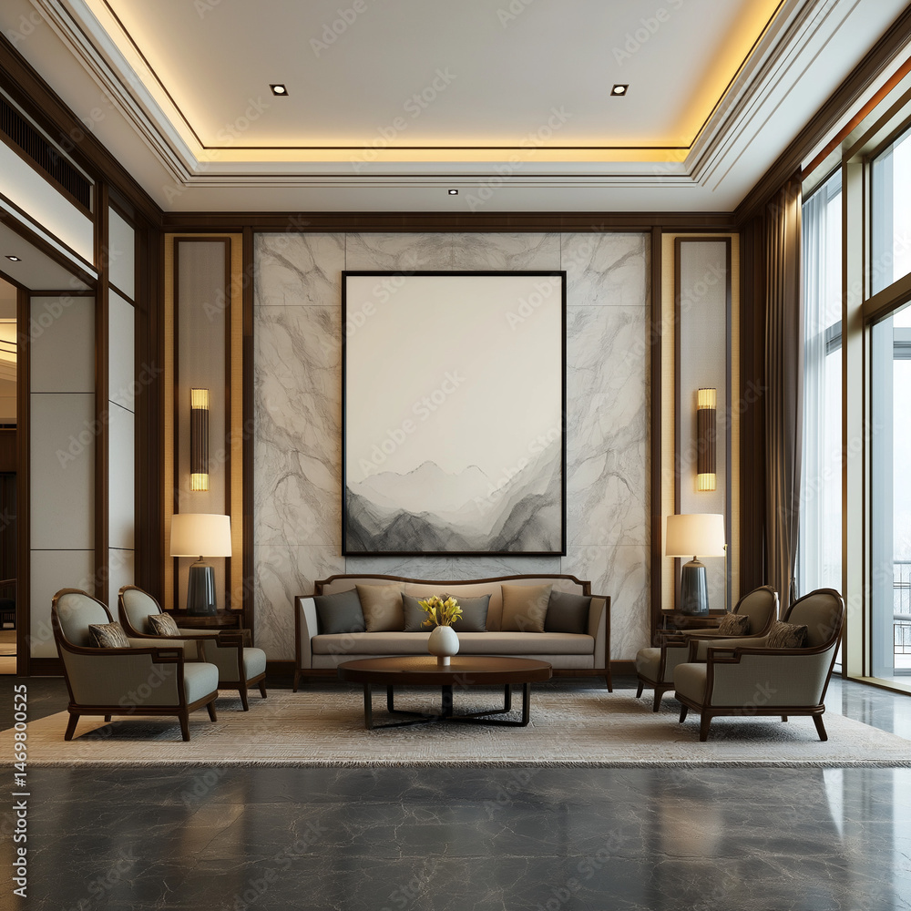 Fototapeta premium modern living room with fireplace，Neo-Chinese Living Room, Beige Marble Wall with Blank Bamboo Weave Frames in Traditional Calligraphy Grid Layout, Silk Curtains, Ming-Style Furniture, For High-End Re