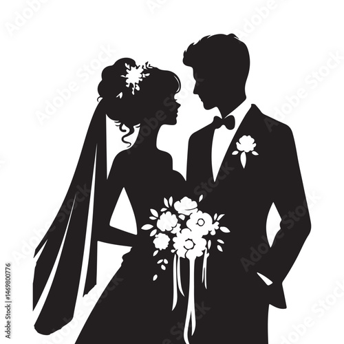 Wedding couple silhouette vector illustration on white background