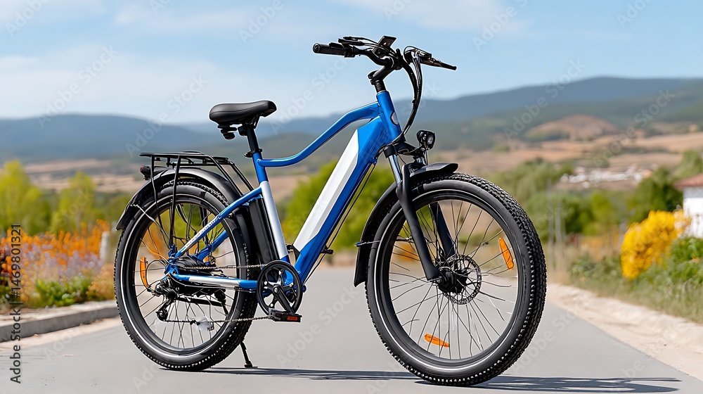 Fototapeta premium Electric Bicycle Ebike Blue and White Outdoor Nature Mountain View Fat Tire Cycling Eco Friendly