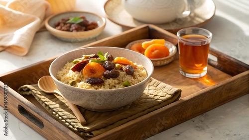 A Culinary Delight: An elegant tray presents a vibrant array of culinary artistry, with couscous, apricots, and complementary sides arranged to stimulate the appetite. photo