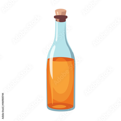 Glass bottle filled with brown liquid with no background 