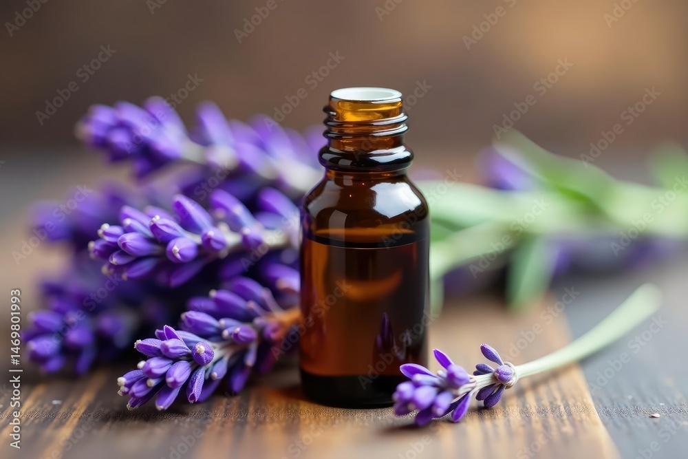Close-up of a bottle of pure lavender essential oil, with fresh lavender sprigs , purple, wellbeing, lilac Close-up of a bottle of pure lavender essential oil, with fresh lavender sprigs , purple, wellbeing, lilac