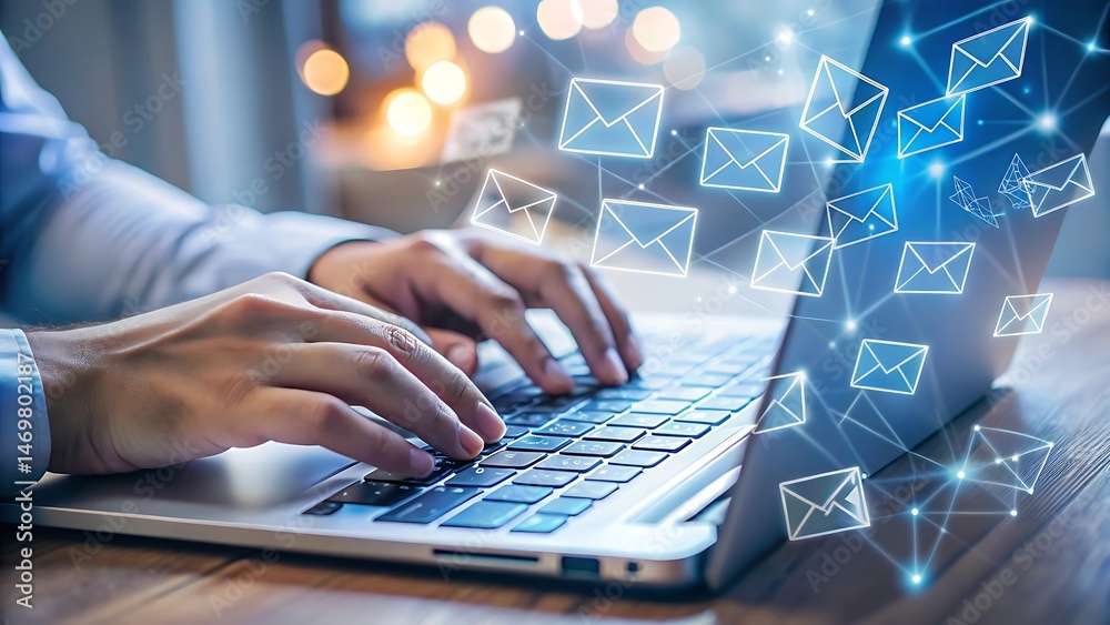 Obraz premium Person typing on laptop with email icons representing communication and technology connections