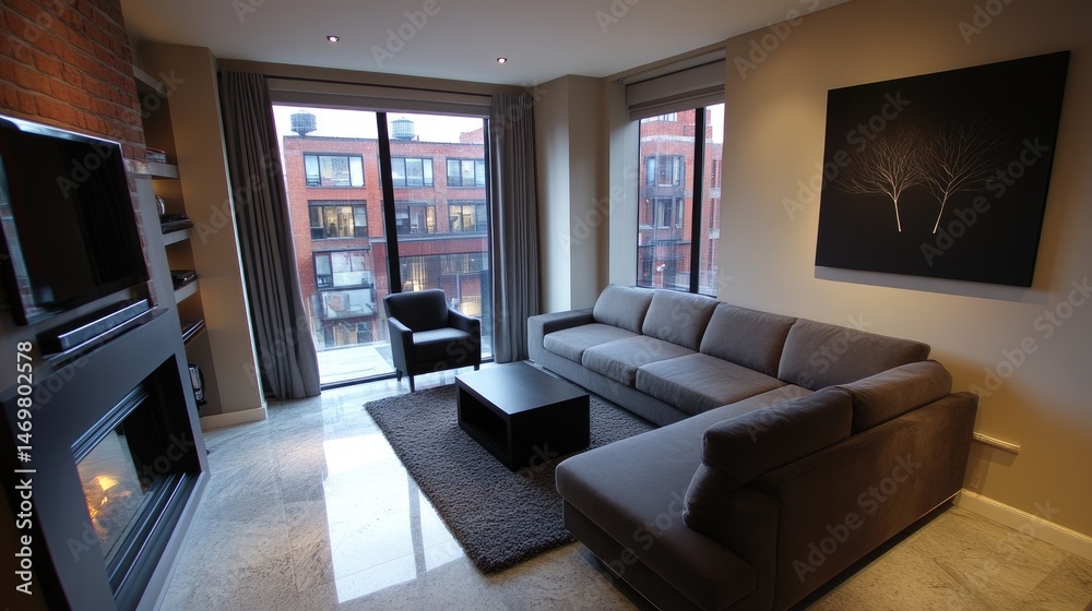 Fototapeta premium Modern living room with city views and fireplace.