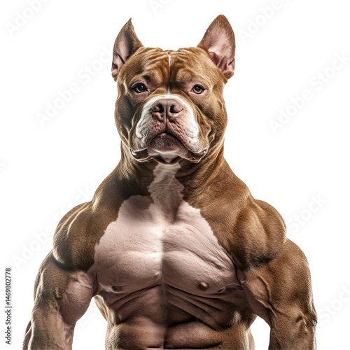 Muscular Dog Portrait: A powerful and imposing dog with a sculpted physique, exuding strength and confidence, stares directly at the viewer with an intense gaze.