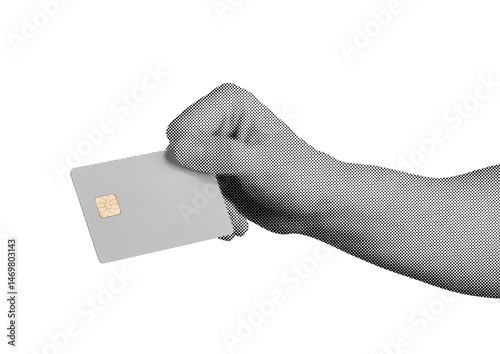 Hand holding a blank bank card with chip, symbolizing cashless payments and luxury purchases. Retro