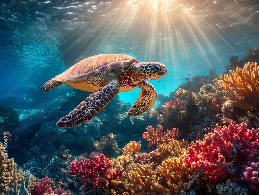 Obraz premium Sea turtle swimming over colorful coral reef