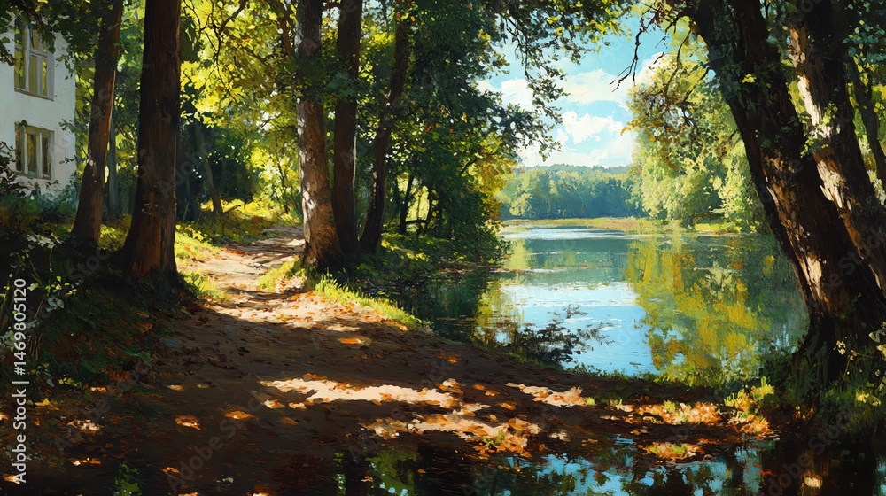 Fototapeta premium Serene lakeside path amidst lush greenery.