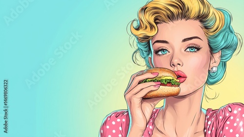 Retro Style Woman with Blonde and Blue Hair Enjoying a Delicious Burger Against a Colorful Background