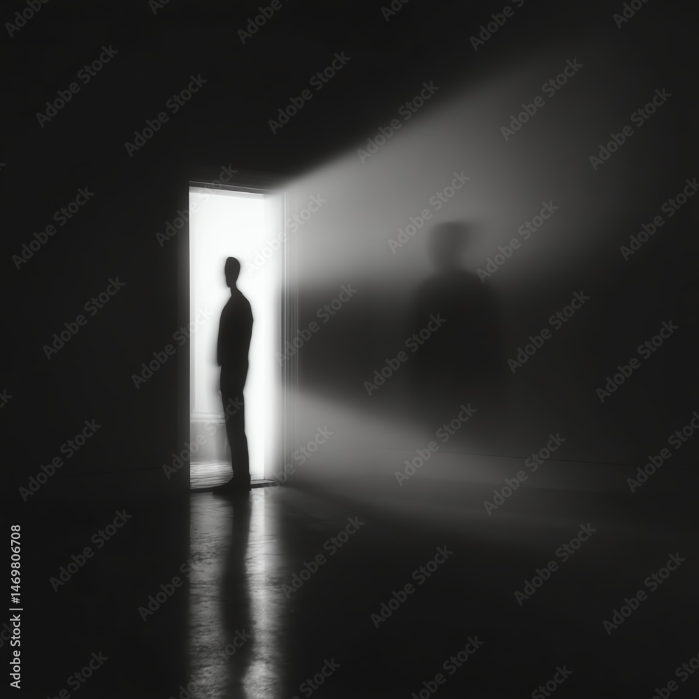 Obraz premium Silhouette in dim light, exploring inner thoughts.