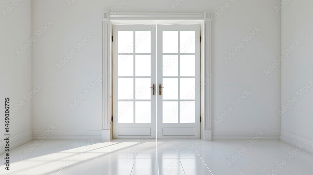 Fototapeta premium French-style door with glass panels centered on a pristine white background bright natural studio lighting soft focus. 