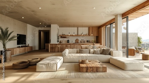 Interior of a modern sustainable house with natural wood, recycled materials, and energy-efficient lighting  
