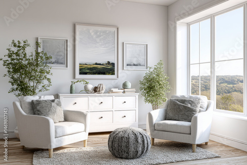 Modern White Living Room with Armchairs and Countryside View