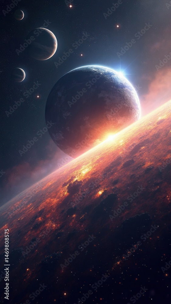 Panorama Space scene with planets, stars and galaxies. Banner template. Many Nebulae and galaxies in space, many light years away. Deep Universe. Large-scale structure ed.
