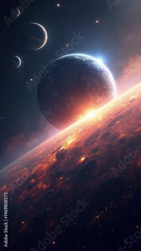Panorama Space scene with planets, stars and galaxies. Banner template. Many Nebulae and galaxies in space, many light years away. Deep Universe. Large-scale structure ed.
