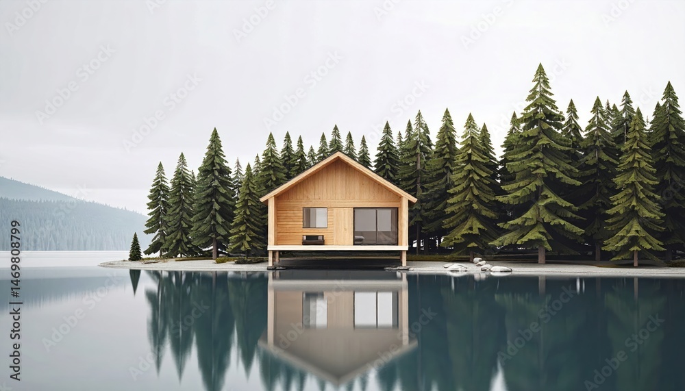 Fototapeta premium Cabin by Lake with Reflection and Trees