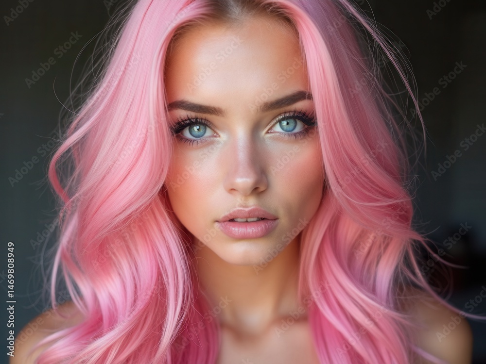 Portrait of a sexy young woman with pink hair. Perfect hairstyle and hair coloring. Girl with beautiful blue eyes and long pink hair.