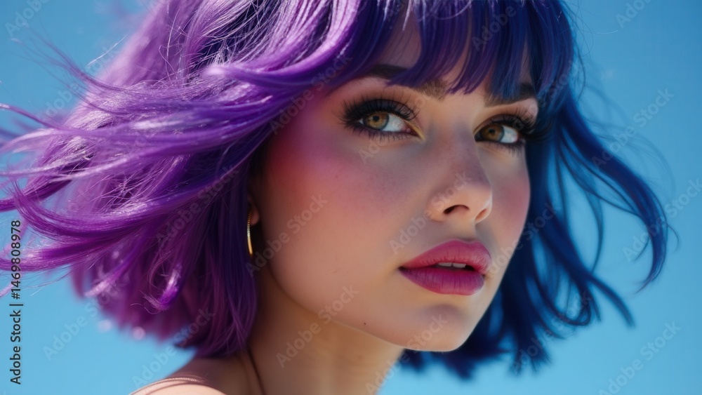 Portrait of a woman with bright colored flying hair, all shades of blue purple. Hair coloring, beautiful lips and makeup. Hair fluttering in the wind. Sexy girl with short hair. P.