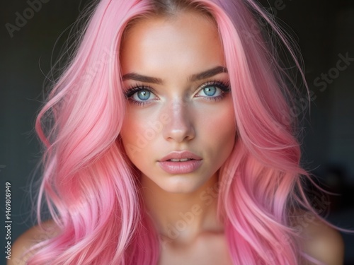 Obraz na płótnie Portrait of a sexy young woman with pink hair. Perfect hairstyle and hair coloring. Girl with beautiful blue eyes and long pink hair. w salonie